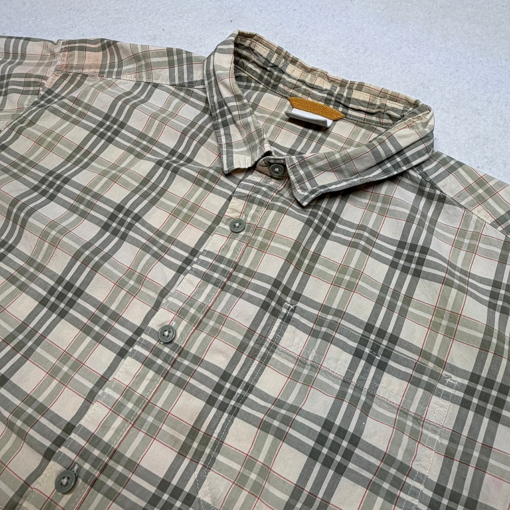 Columbia Plaid Short Sleeve Button Down Hiking‎ Shirt Cotton Green Tan XL